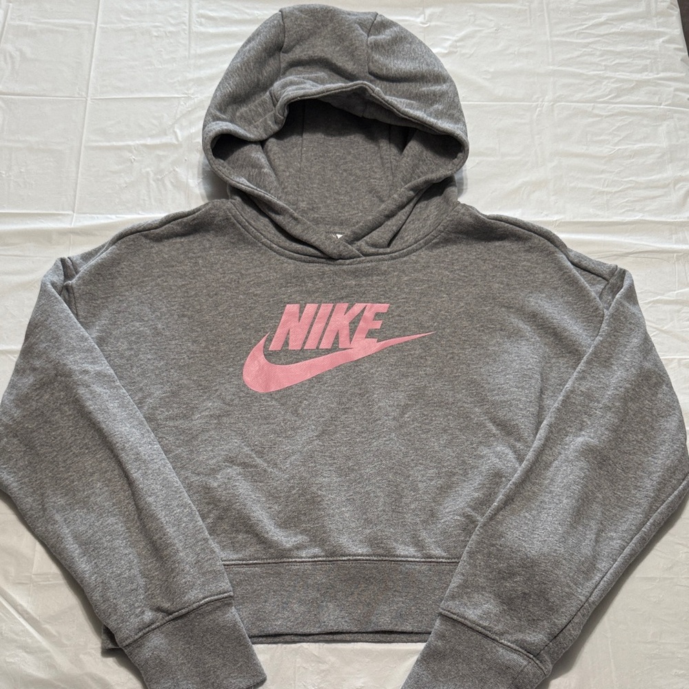 Nike Kids Gray Cropped Hoodie with Pink Logo size Large